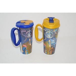 Walt Disney World 50th Anniversary 7" Plastic Mug Refillable Cups with Lid Two